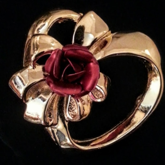 Gold open heart bow red rose brooch by Botique EVC 1.5” - Picture 2 of 4